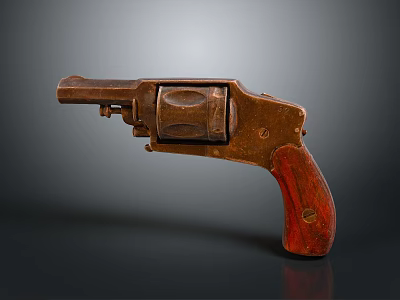 Vintage Revolver Antique Brass Firearm With Red Wooden Grip Rustic Metal Finish 3d model