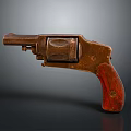 Vintage Revolver Antique Brass Firearm With Red Wooden Grip Rustic Metal Finish