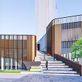 Modern Sales Office Building Exterior Design With Wooden Facade And Large Glass Windows