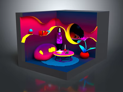 Vibrant 3D Cartoon Scene With Curved Shapes Purple Bottle Round Cushion And Red Plant 3d model