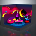 Vibrant 3D Cartoon Scene With Curved Shapes Purple Bottle Round Cushion And Red Plant