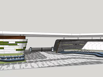Modern Entrance Gate With Glass Facade Metal Frame And Plaza Pavement 3d model