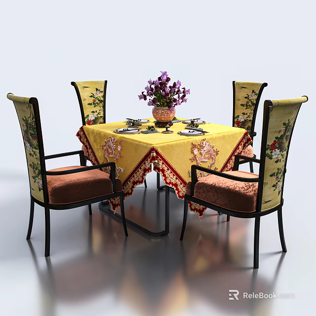 Dining Table Set With Yellow Tablecloth Red Patterned Trim Purple Flowers And Patterned Back Chairs Brown Seats Black Legs 3d model 