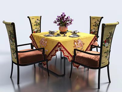 Dining Table Set With Yellow Tablecloth Red Patterned Trim Purple Flowers And Patterned Back Chairs Brown Seats Black Legs 3d model