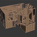 Wooden House Frame Structure Model With Support Beams And Roof Framing
