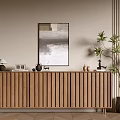 Wooden Console And Side Cabinet Featuring Vertical Stripes Decorative Items Green Plants Wall Art