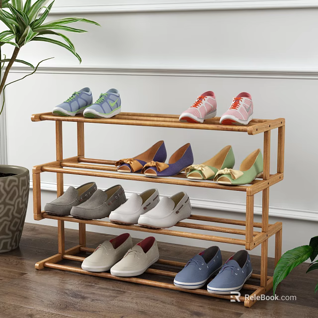 Bamboo Multi Tiered Shoe Rack With Various Shoes For Home Storage 3d model