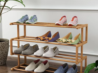 Bamboo Multi Tiered Shoe Rack With Various Shoes For Home Storage 3d model
