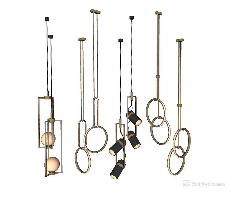 Modern Geometric Pendant Lights with Circular Rings and Square Frames for Contemporary Interior 3d model 