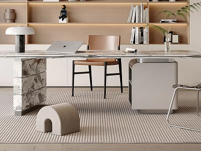 Modern Elegant Desk with Marble Top Bookshelf Laptop Chair Desk Lamp and Rug in Interior 3d model