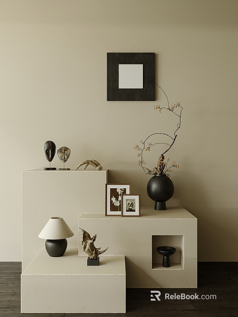 Stylish Decorative Ornament Set with Black Vase Photo Frames on White Display Shelf Beige Wall 3d model 
