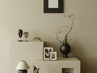 The combination of ceramic utensils, vase, floral painting, table lamp, wood floor, micro-cement wall 3d model