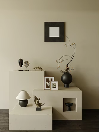 The combination of ceramic utensils, vase, floral painting, table lamp, wood floor, micro-cement wall 3d model