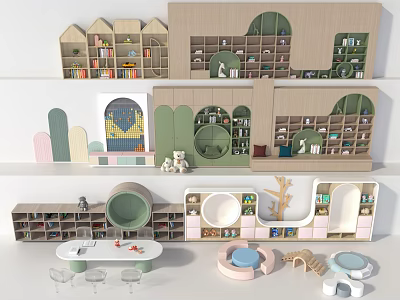 Cozy Kindergarten Interior Design With House Shaped Shelves Toys Books And Round Seats 3d model