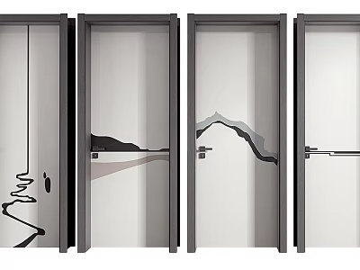 Sleek Modern Hinged Doors With Glass Panels Dark Frames And Abstract Mountain Patterns 3d model