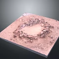 Square Platform Featuring Circular Stone Arrangement On Sandy Ground With Scattered Stones