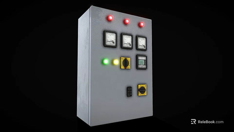 Gray Electrical Control Panel With Red Green Indicator Lights Meters Yellow Knobs And Black Buttons 3d model 