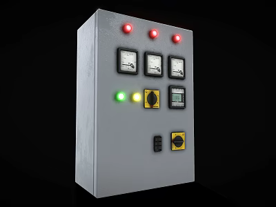 Gray Electrical Control Panel With Red Green Indicator Lights Meters Yellow Knobs And Black Buttons 3d model