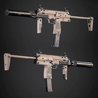 Tactical Firearms Display Dual Military Style Weapons With Light Beige Finish And Black Components 3d model