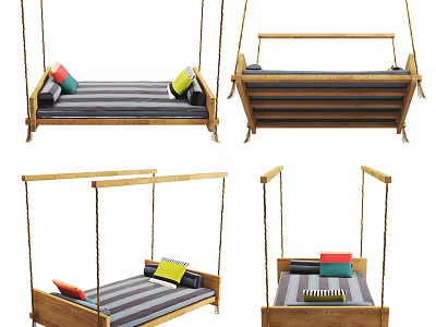 Wooden Frame Hammock With Striped Mat And Colorful Decorative Pillows 3d model