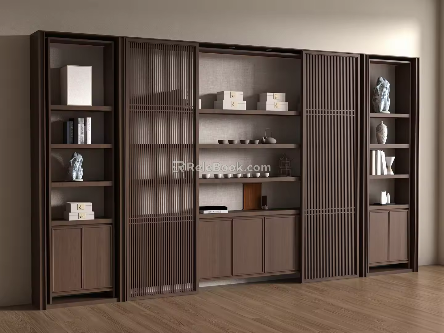 New Chinese Zen Bookcase New Chinese Bookcase Background Wall Decorative Bookcase High Cabinet Wood Open Bookcase 3d model