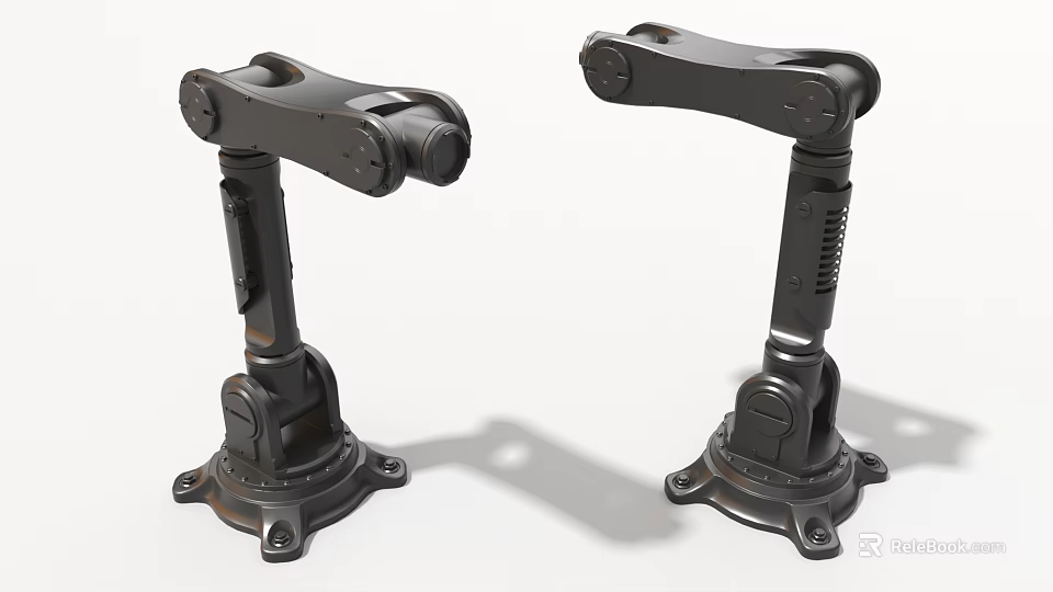 Two Black Industrial Robotic Arms With Mechanical Joints And Stable Base 3d model