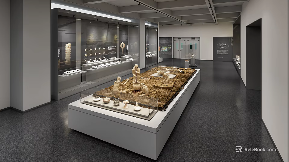 Museum Gallery Exhibition With Central Display Platform And Ancient Artifacts In Glass Showcases 3d model 