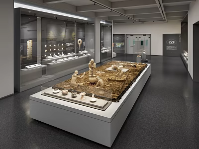 Museum Gallery Exhibition With Central Display Platform And Ancient Artifacts In Glass Showcases 3d model