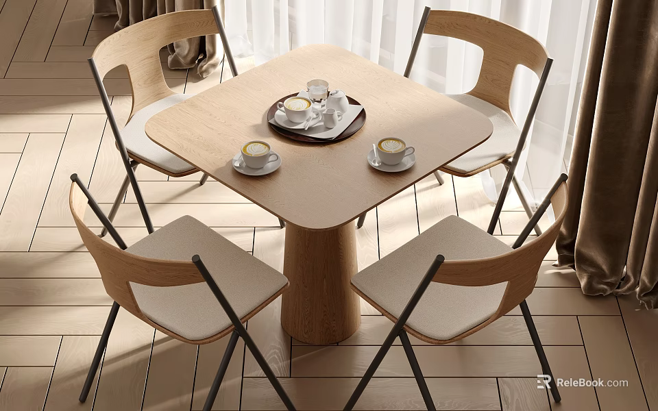 Modern Wooden Dining Table Set with Four Chairs and Tea Cups on Tray 3d model 