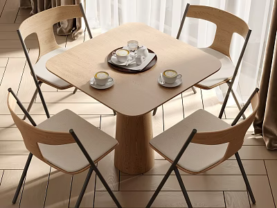 Modern Wooden Dining Table Set with Four Chairs and Tea Cups on Tray 3d model