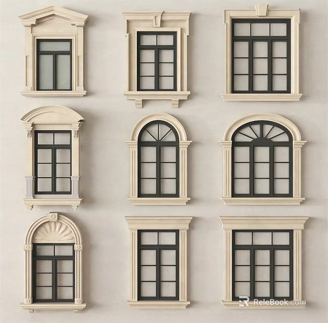 Various Stylish Casement Windows Featuring Black Frames And Arched Designs 3d model 