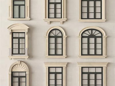 Various Stylish Casement Windows Featuring Black Frames And Arched Designs 3d model