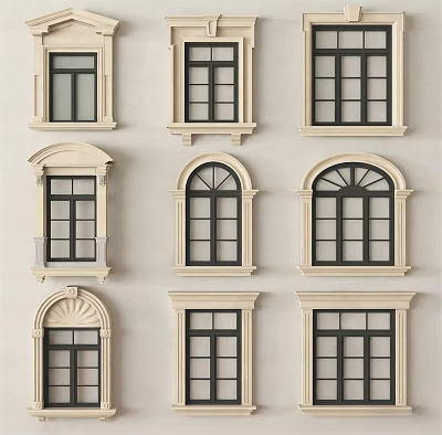 Various Stylish Casement Windows Featuring Black Frames And Arched Designs 3d model
