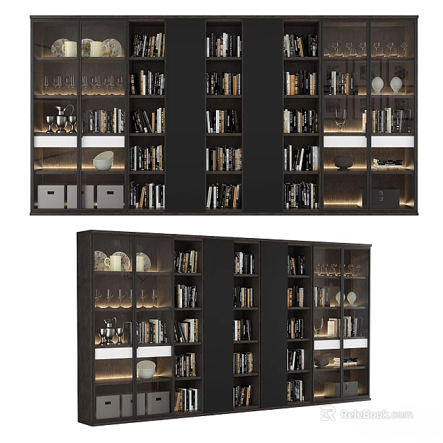 Modern Black Chest of Drawers With Glass Doors And Lighted Storage Shelves 3d model 