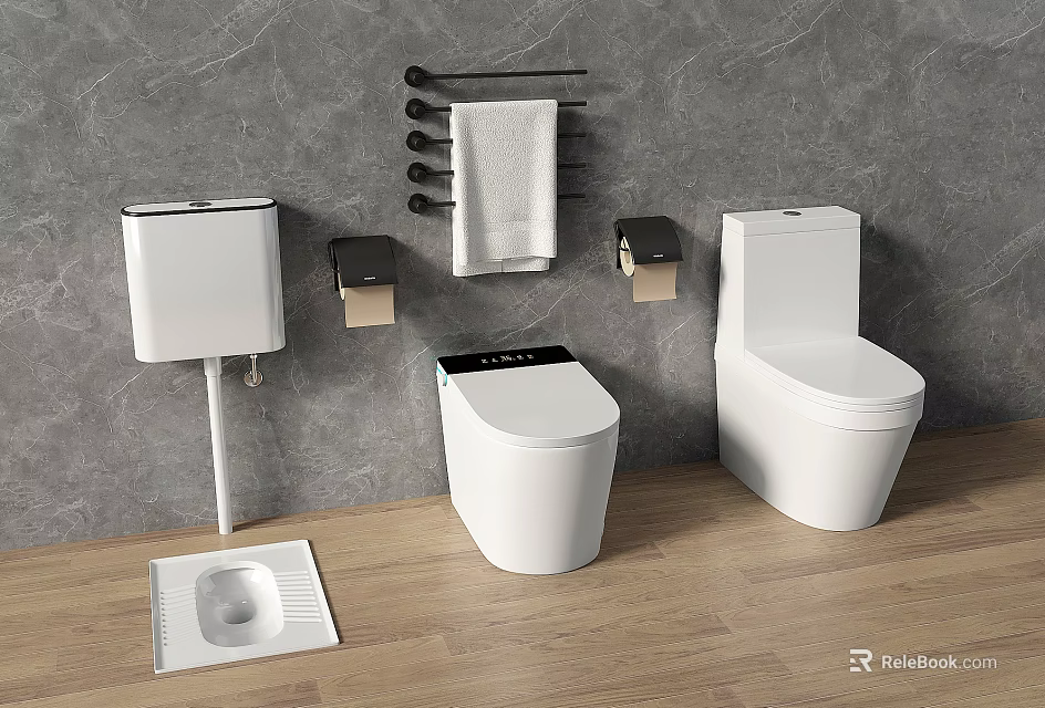 Different Types of Modern Toilets with Bathroom Accessories on Gray Wall and Wooden Floor 3d model 