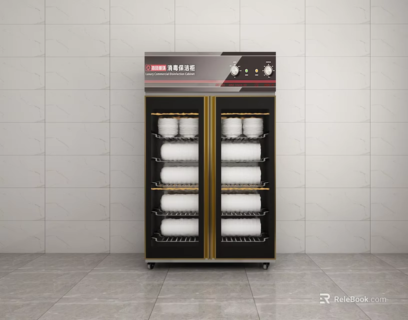Kitchen Disinfection Cabinet With Double Door Multi Layer Shelves And Black Gold Design 3d model 