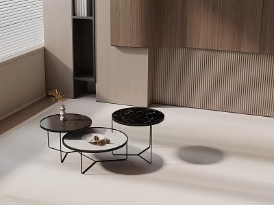 Modern Sofa And Coffee Table Set With Round Marble Tops Metal Frames And Wooden Wall Accents 3d model