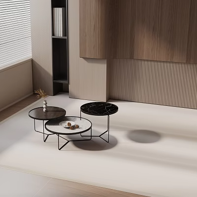 Modern Sofa And Coffee Table Set With Round Marble Tops Metal Frames And Wooden Wall Accents 3d model