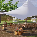 Scenic Camping Site With Tents Campfire Wooden Tables Chairs Trees And Playground