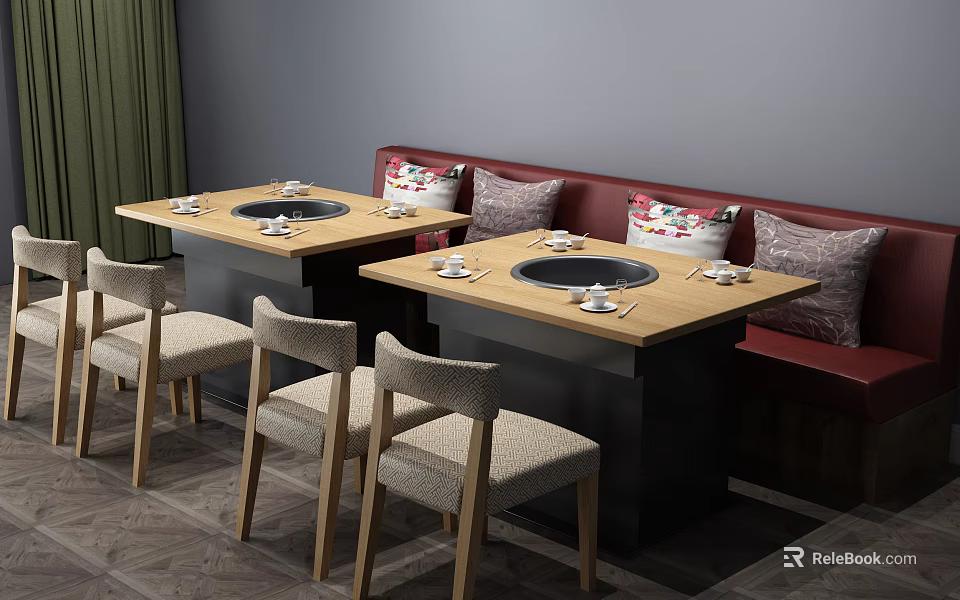 Restaurant Public Chairs With Wooden Tables Red Booth Seats And Stove Tops 3d model 