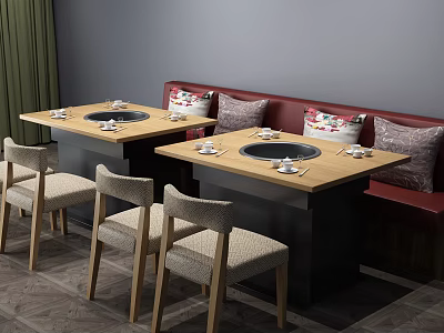 Restaurant Public Chairs With Wooden Tables Red Booth Seats And Stove Tops 3d model