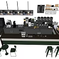 Modern Bar Interior With Coffee Machine Equipment Countertop Shelves And Green Bar Stools