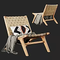 Natural Wooden Frame Leisure Chairs With Woven Seat And Geometric Pillow Throw Blanket
