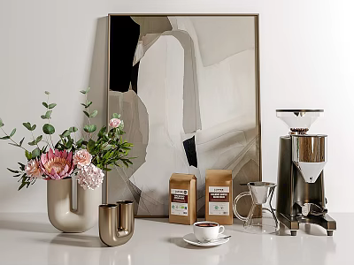 Home Decorative Ornament Combination with Fresh Flowers Coffee Grinder Bean Bags and Wall Art 3d model