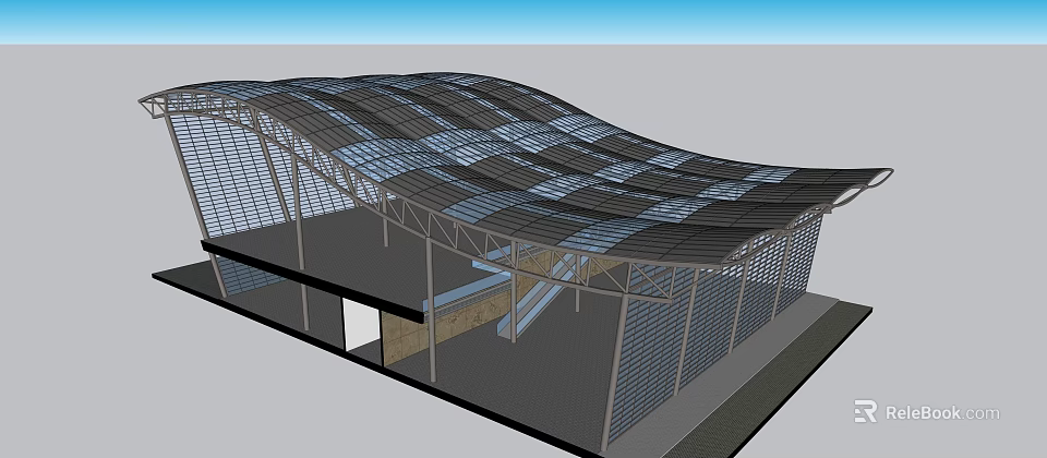 Architectural Structure Featuring Wavy Grid Roof and Metal Frame Supports 3d model 