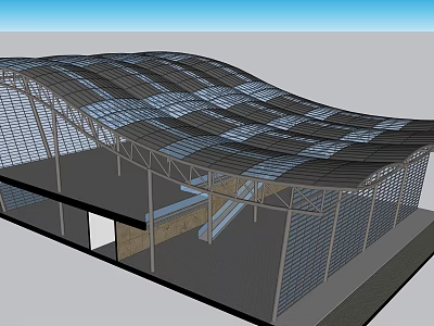Architectural Structure Featuring Wavy Grid Roof and Metal Frame Supports 3d model