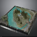 Detailed Miniature Landscape Model With Blue Water Area Pine Trees Pathway And Small Cabin