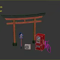 Japanese Torii Gate Scene With Red Vending Machine Lantern White Device And Bicycle