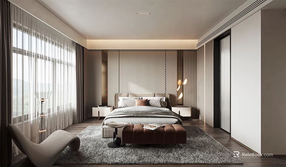 Stylish Modern Bedroom Interior Design With Patterned Headboard Wall Bed Nightstands And Soft Rug 3d model 