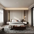 Stylish Modern Bedroom Interior Design With Patterned Headboard Wall Bed Nightstands And Soft Rug